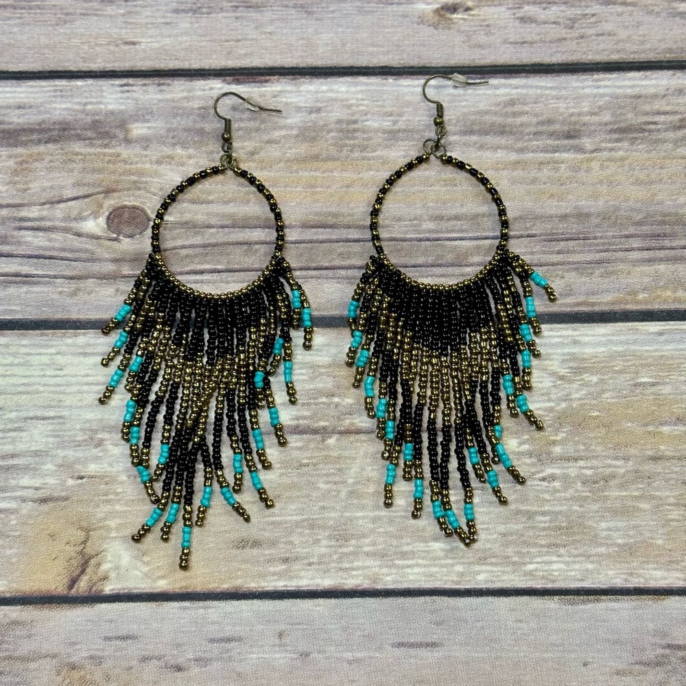 Blk/gold/turquoise Beaded Earrings - Picture 4 of 5